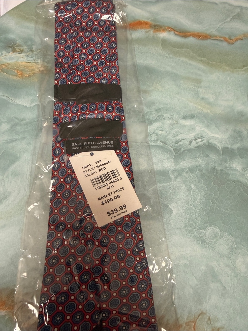 Saks Fifth Avenue Red and Blue Geometric Silk Tie
